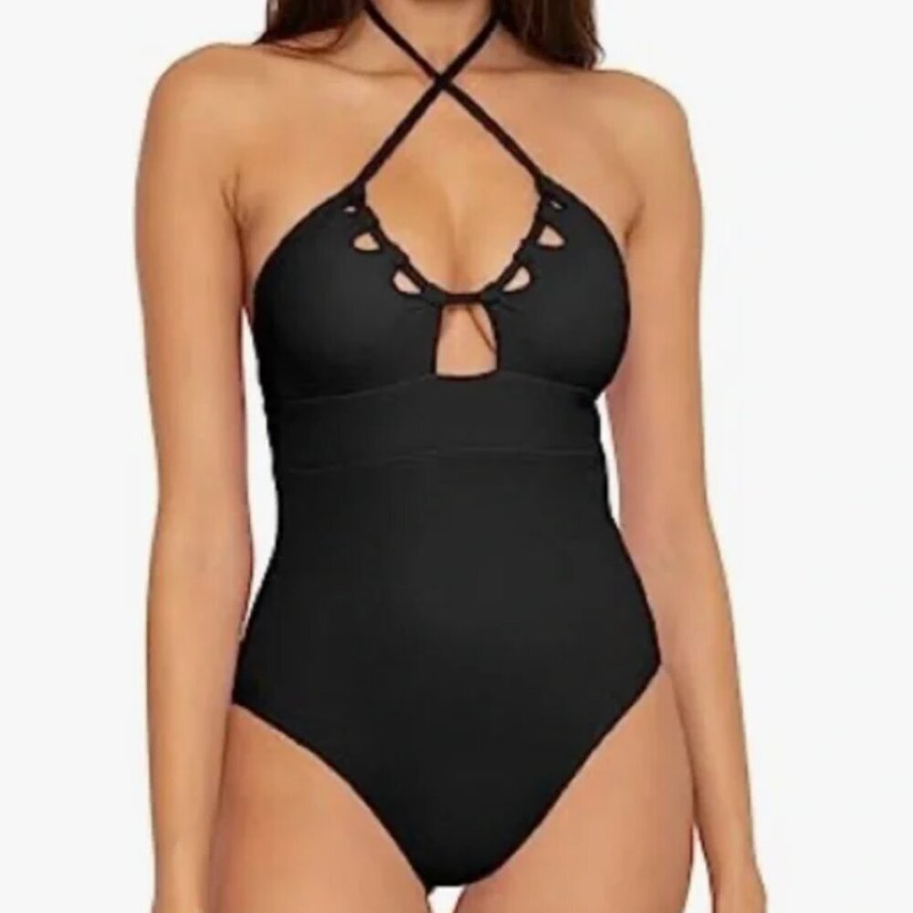 BECCA Pucker Up Candice Large Green Textured‎ Halter Cut Out One Piece Swimsuit - Picture 10 of 10